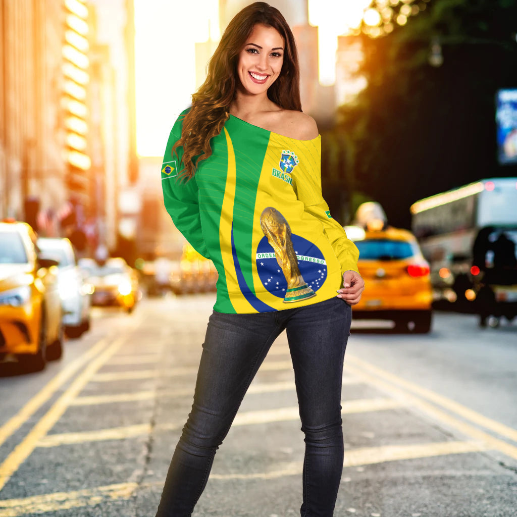 Off-shoulder Brazil soccer sweater with Brazil crest and trophy graphic on green/yellow body