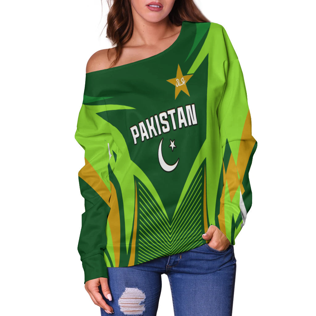 (Custom Personalised) Pakistan Cricket Off Shoulder Sweater Green Shaheens Champion LT13 - Wonder Print Shop