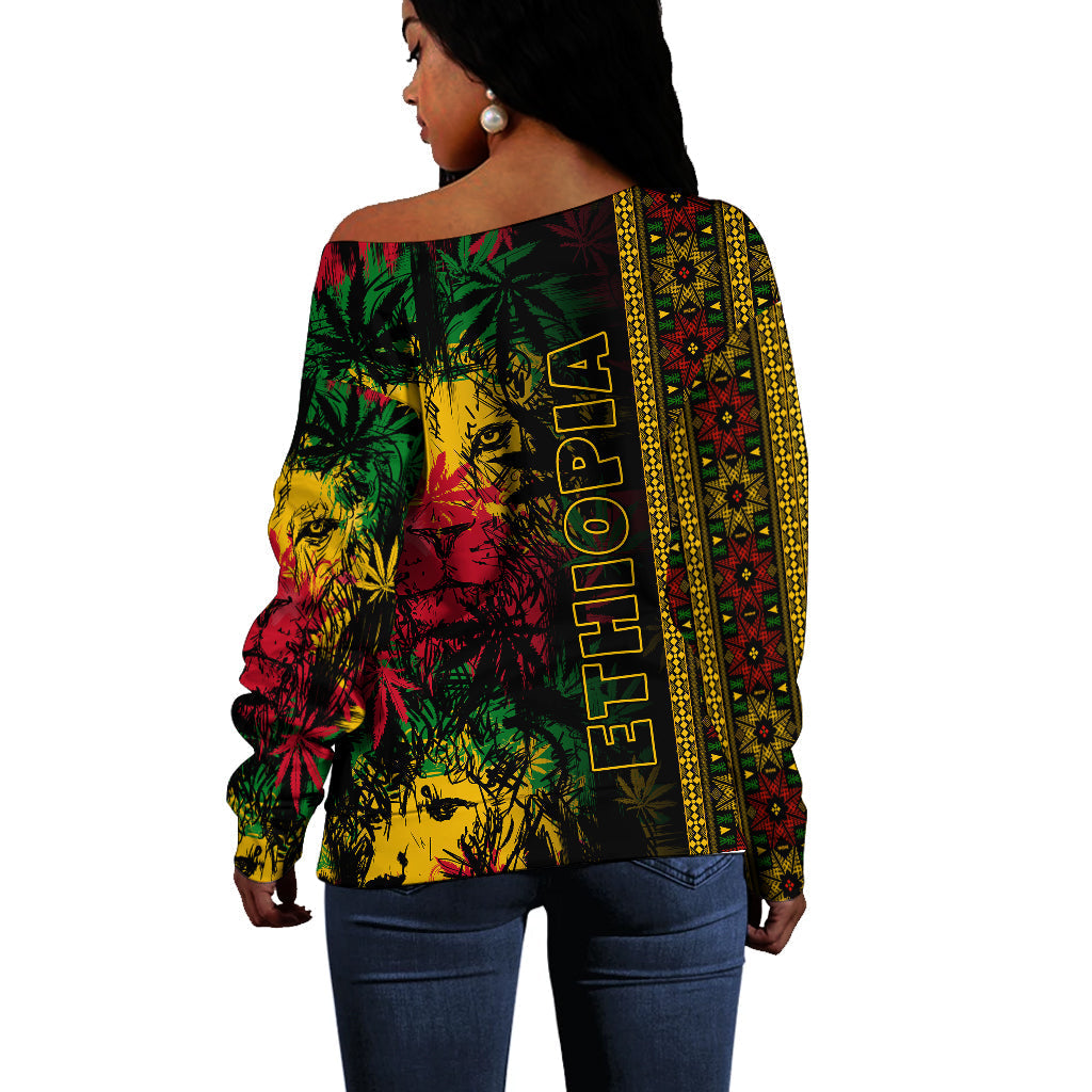 Ethiopia Lion Reggae Off Shoulder Sweater Ethiopian Cross LT13 - Wonder Print Shop