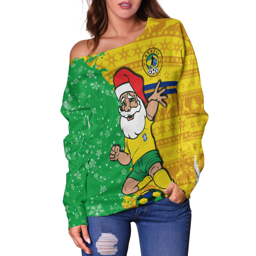 Women’s off-shoulder sweater in green/yellow with Santa and soccer Brazil emblem