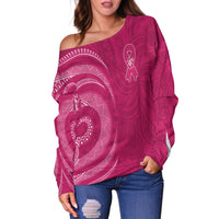 Breast Cancer Awareness Off Shoulder Sweater Hibiscus Polynesian No One Fights Alone LT13 - Wonder Print Shop