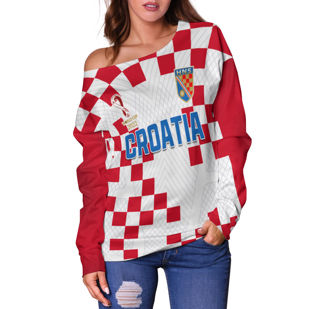 (Custom Text and Number) Croatia Football Off Shoulder Sweater Vatreni Hrvatska Champions 2022 World Cup LT13 - Wonder Print Shop