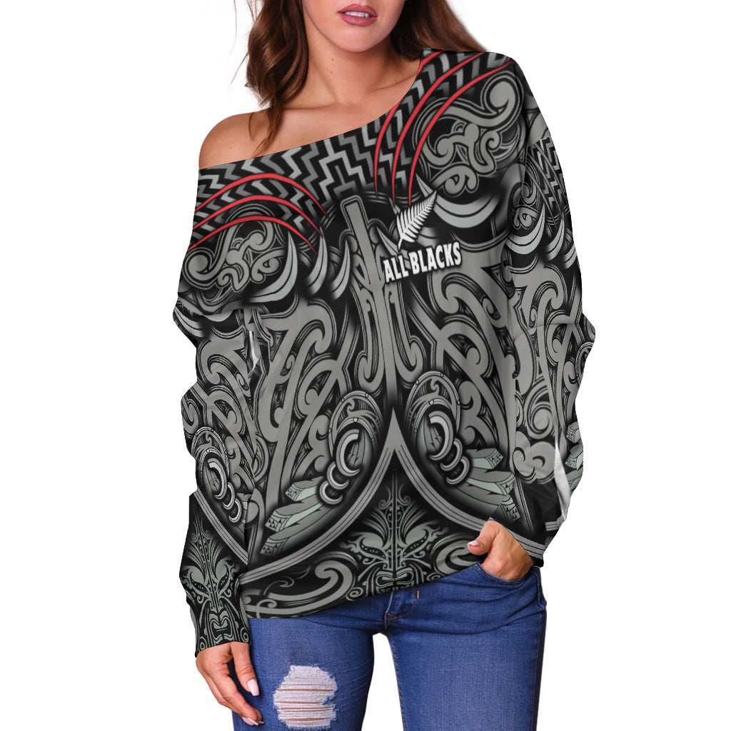 Custom Personalised New Zealand Silver Fern Rugby Off Shoulder Sweater All Black NZ Maori Pattern LT13 - Wonder Print Shop