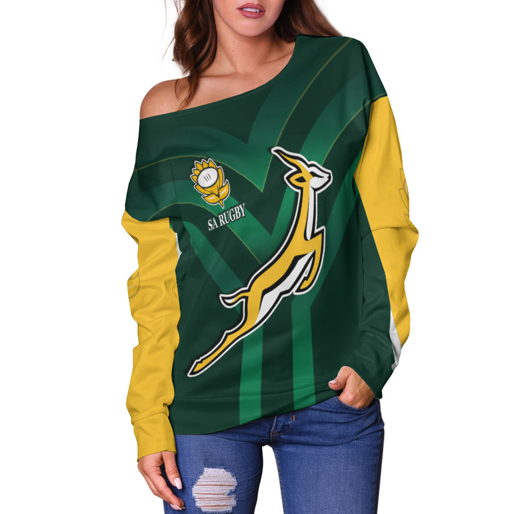 (Custom Text and Number) South Africa Rugby Off Shoulder Sweater Springboks King Protea Go Bokke LT13 - Wonder Print Shop