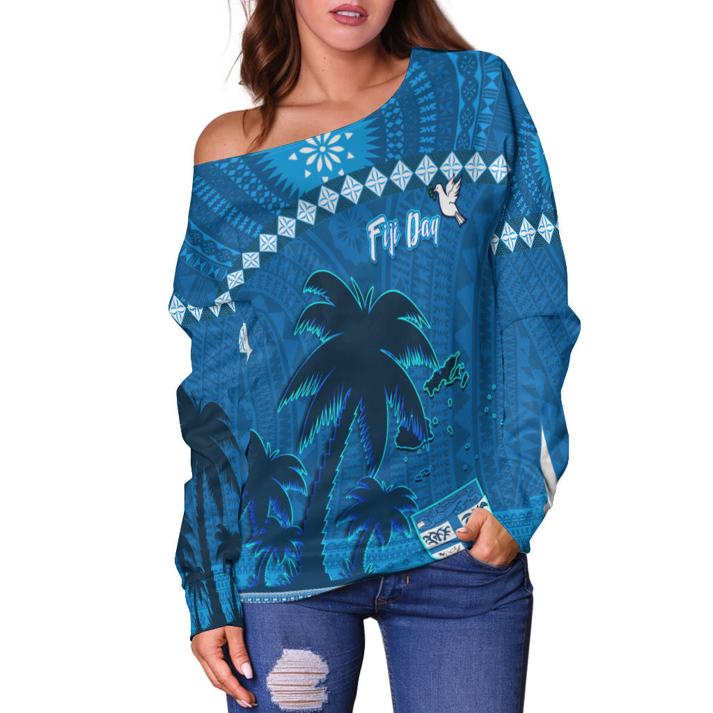 Custom Personalised Bula Fiji Day Off Shoulder Sweater Fijian Tapa with Palm Tree 52nd Anniversary LT13 - Wonder Print Shop