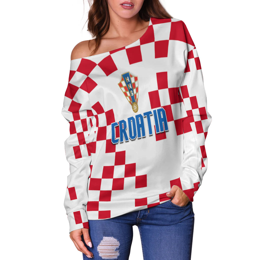 (Custom Text and Number) Croatia Football Off Shoulder Sweater World Cup Champions 2022 Hrvatska LT13 - Wonder Print Shop