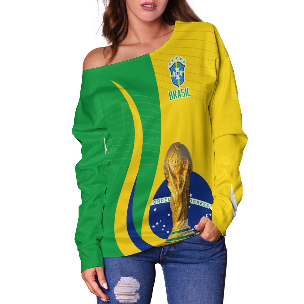 Off-shoulder Brazil soccer sweater with Brasil crest and large trophy graphic in green/yellow