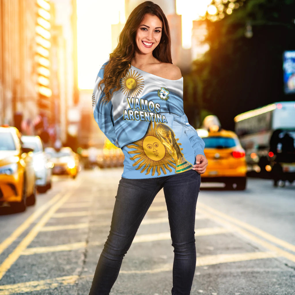 (Custom Text and Number) Argentina Football Off Shoulder Sweater Vamos La Albiceleste Champions World Cup Vibe Flag LT13 - Wonder Print Shop