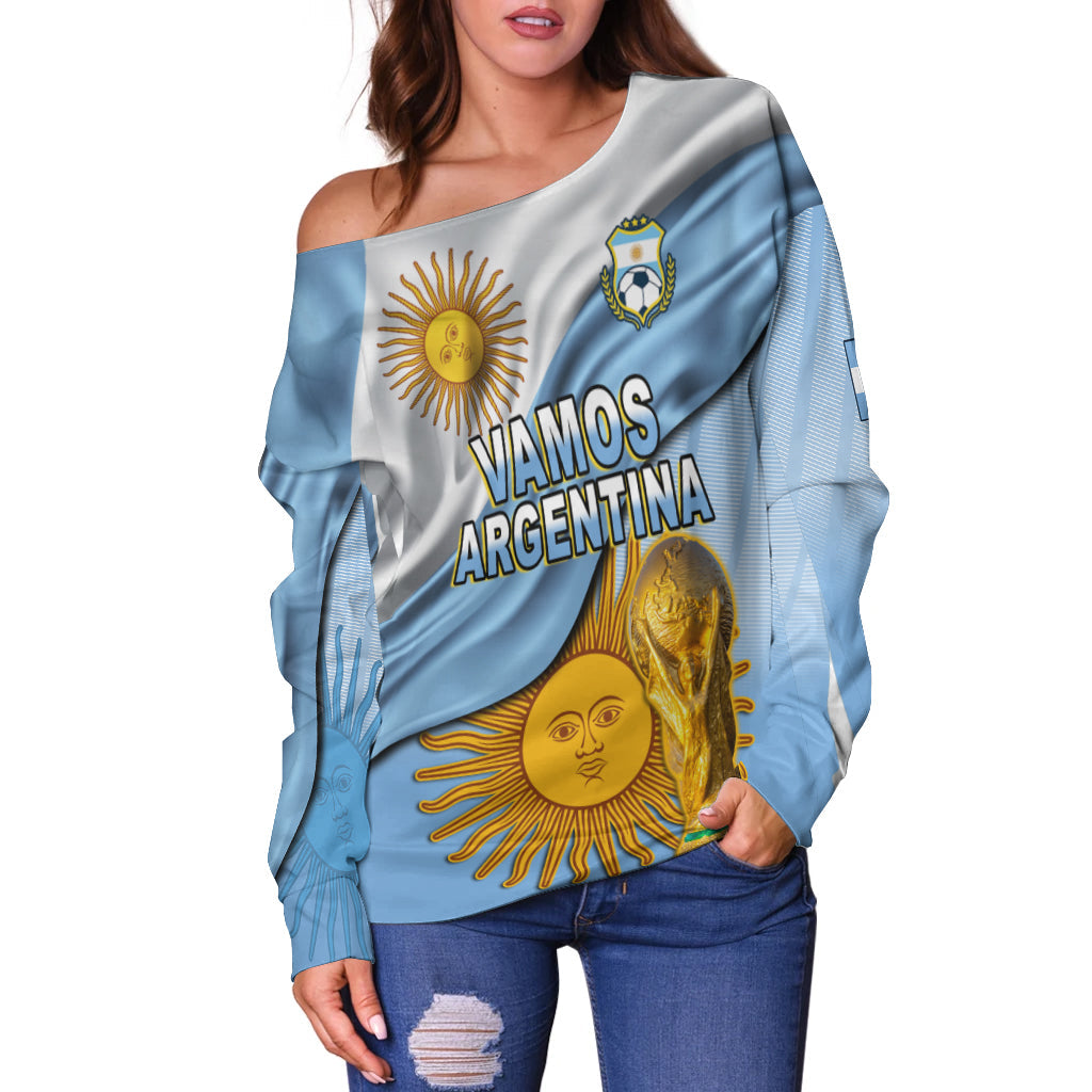 (Custom Text and Number) Argentina Football Off Shoulder Sweater Vamos La Albiceleste Champions World Cup Vibe Flag LT13 - Wonder Print Shop
