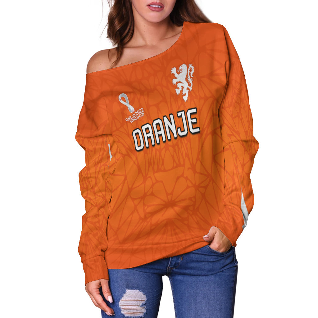 (Custom Text and Number) Netherlands Football Off Shoulder Sweater 2022 Soccer World Cup Oranje Champions LT13 - Wonder Print Shop