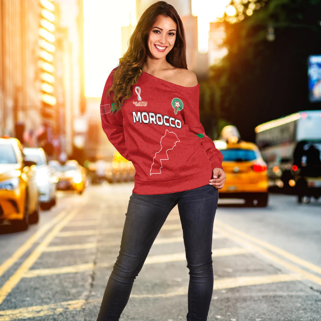 (Custom Text and Number) Morocco Football Off Shoulder Sweater Champions World Cup New History LT13 - Wonder Print Shop