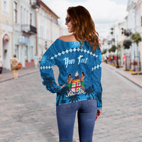 Custom Personalised Bula Fiji Day Off Shoulder Sweater Fijian Tapa with Palm Tree 52nd Anniversary LT13 - Wonder Print Shop