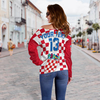 (Custom Text and Number) Croatia Football Off Shoulder Sweater Vatreni Hrvatska Champions 2022 World Cup LT13 - Wonder Print Shop