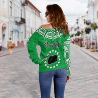 Rarotonga Cook Islands Off Shoulder Sweater Turtle and Map Style Green LT13 - Wonder Print Shop
