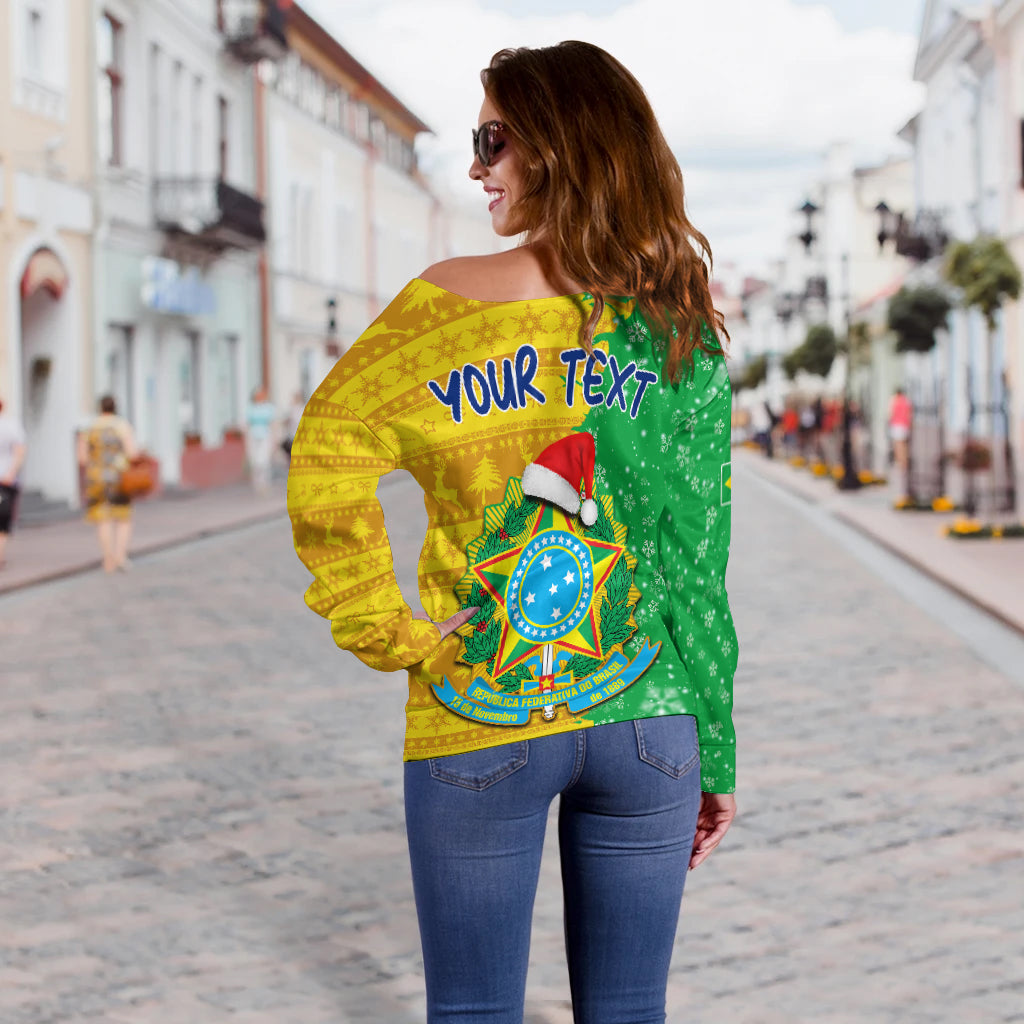 Women’s off-shoulder sweater back in green/yellow with 'Your Text' and Brazil crest