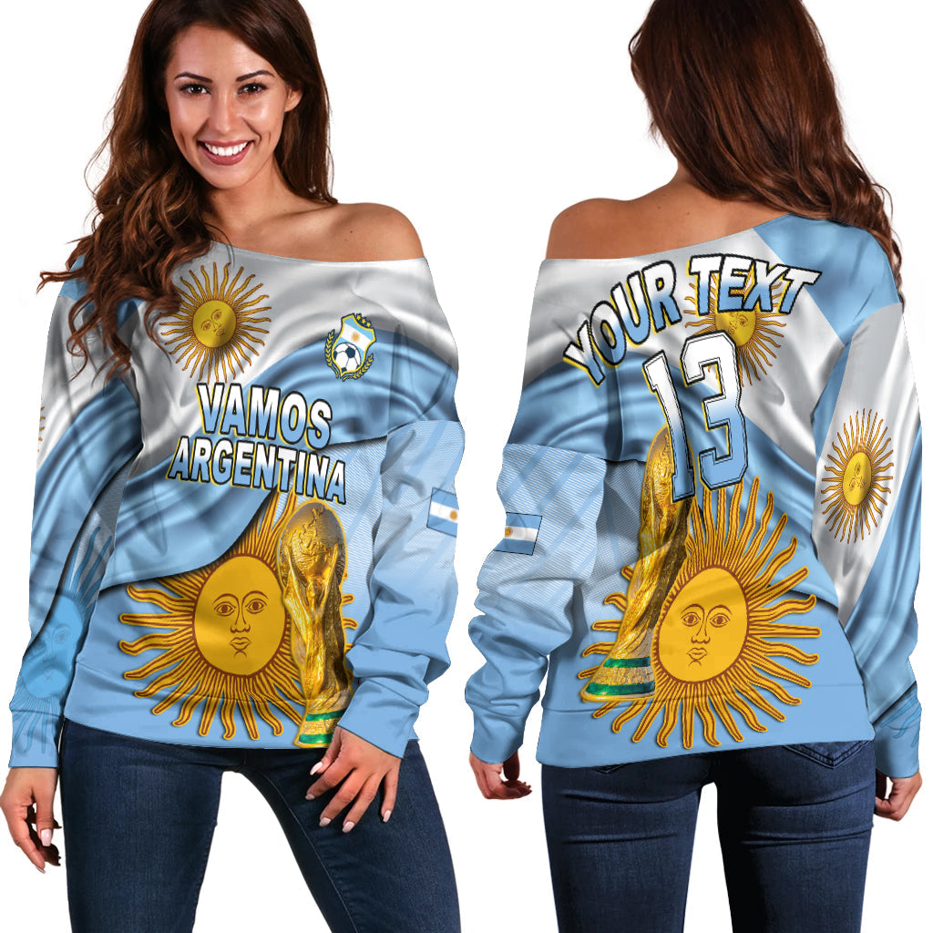 (Custom Text and Number) Argentina Football Off Shoulder Sweater Vamos La Albiceleste Champions World Cup Vibe Flag LT13 - Wonder Print Shop