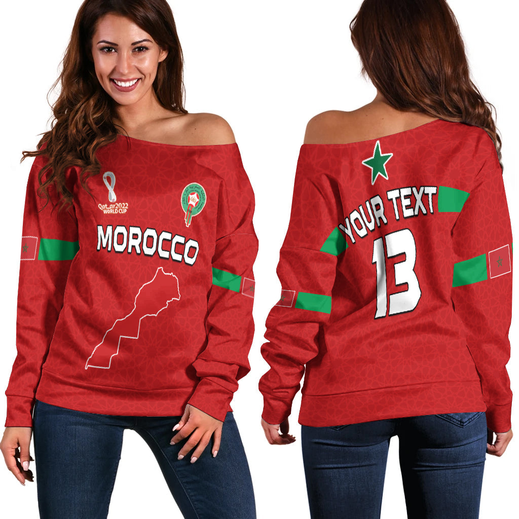 (Custom Text and Number) Morocco Football Off Shoulder Sweater Champions World Cup New History LT13 - Wonder Print Shop