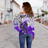 Custom Personalised Manaia Maori Off Shoulder Sweater Fern Aotearoa Purple Waves LT13 - Wonder Print Shop