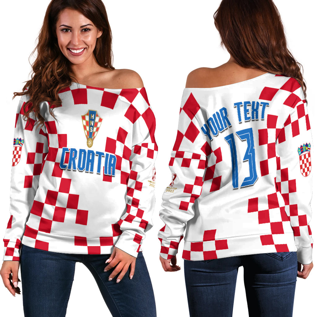 (Custom Text and Number) Croatia Football Off Shoulder Sweater World Cup Champions 2022 Hrvatska LT13 - Wonder Print Shop