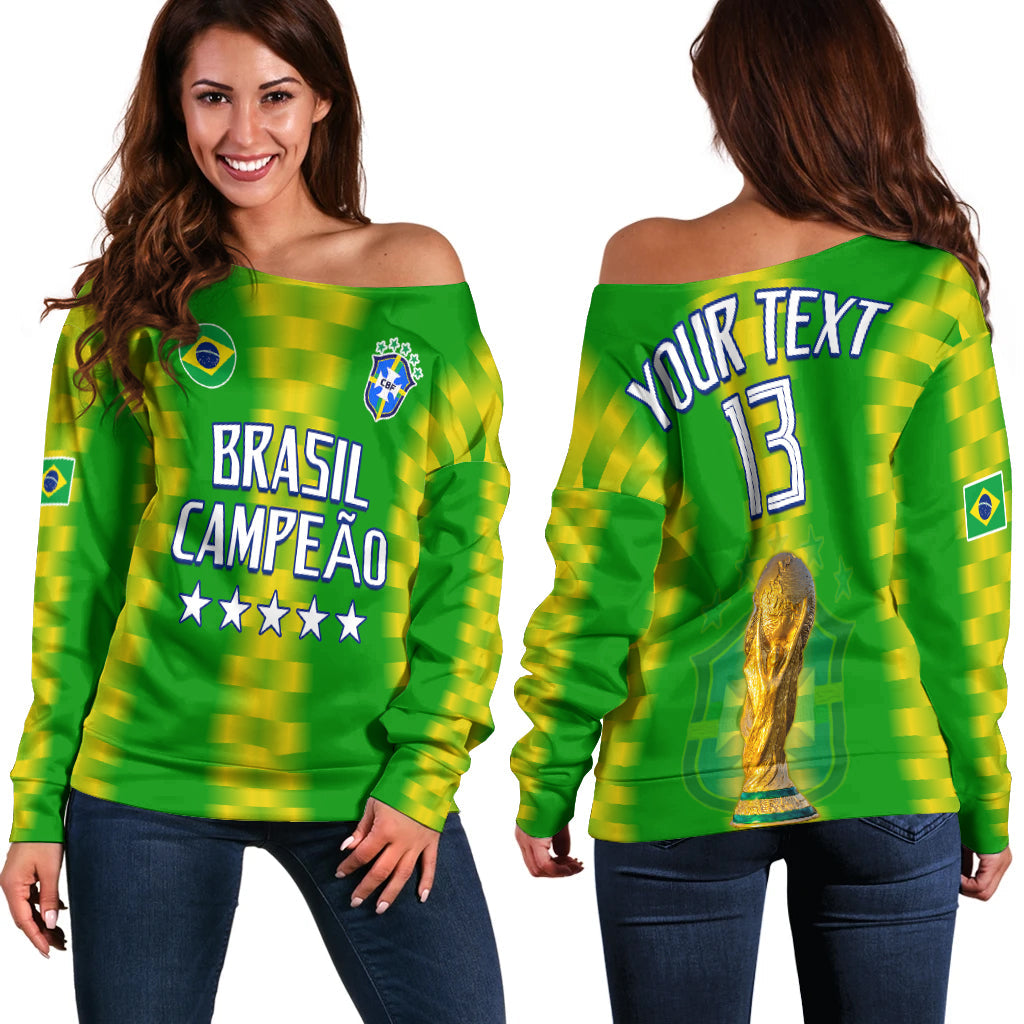 (Custom Text and Number) Brazil Football Champions Off Shoulder Sweater Proud Selecao LT13 - Wonder Print Shop