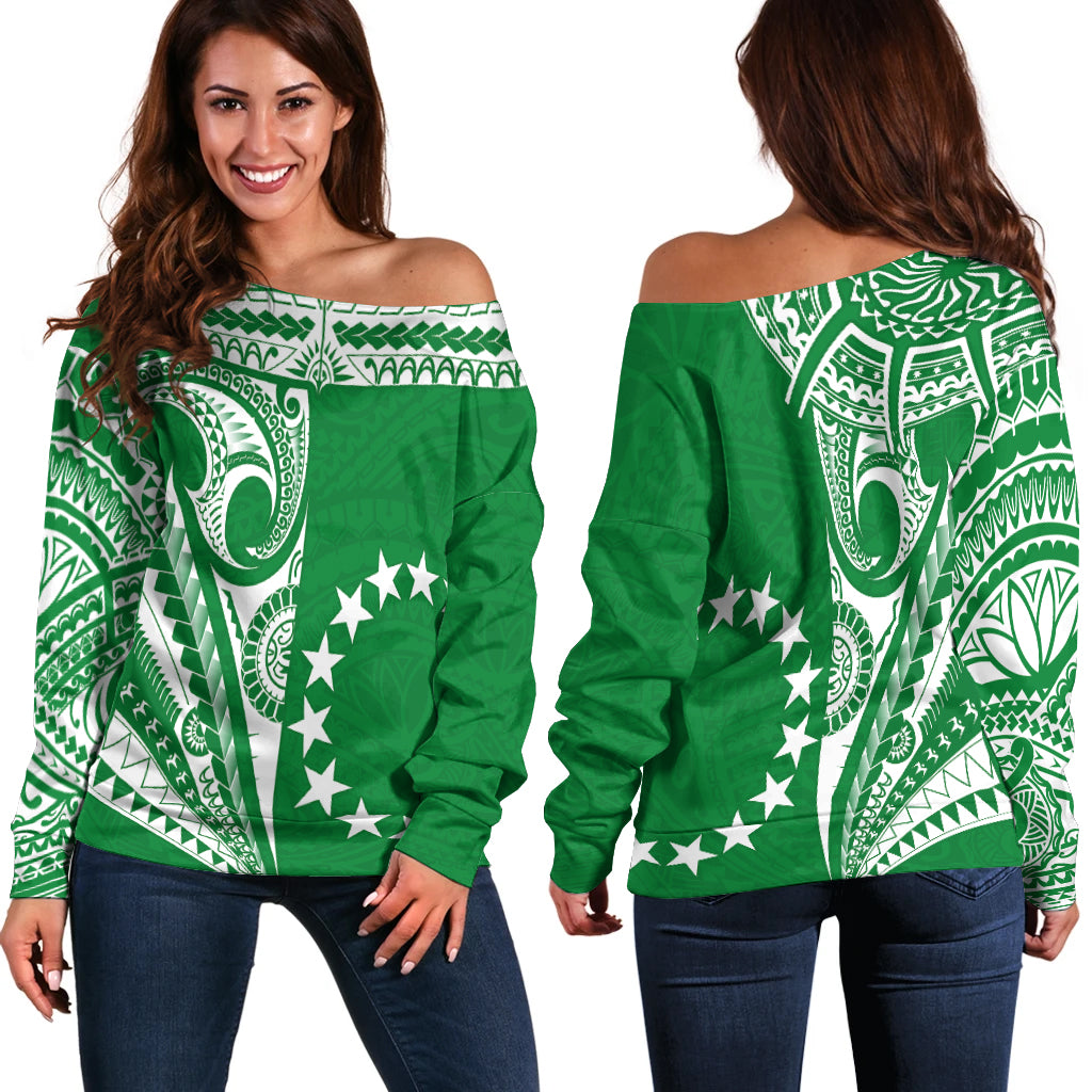 Cook Islands Tatau Off Shoulder Sweater Symbolize Passion Stars Version Green LT13 - Wonder Print Shop