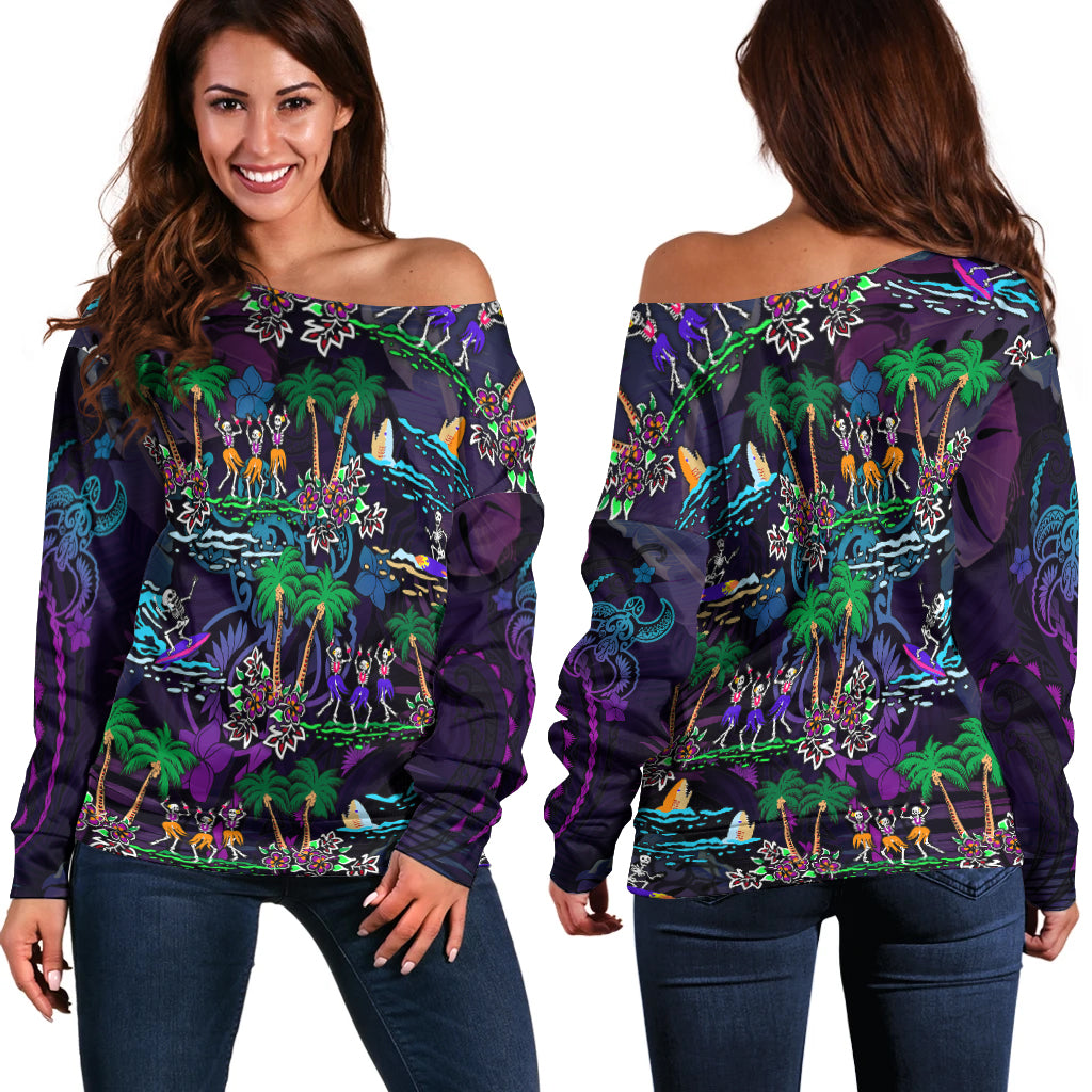 Hawaii Skeleton Dancing Off Shoulder Sweater Halloween Hawaiian Turtle LT13 - Wonder Print Shop