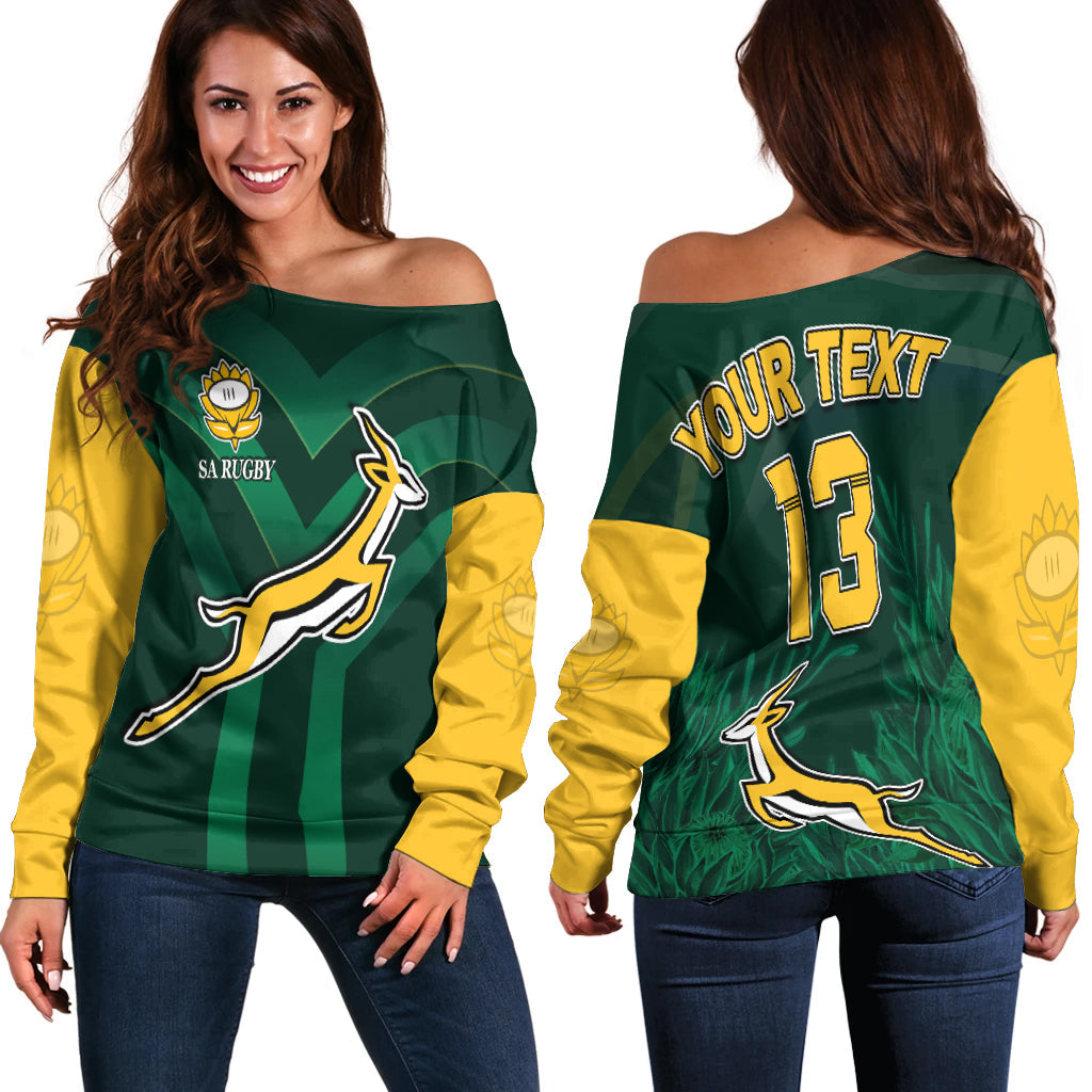 (Custom Text and Number) South Africa Rugby Off Shoulder Sweater Springboks King Protea Go Bokke LT13 - Wonder Print Shop