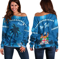 Custom Personalised Bula Fiji Day Off Shoulder Sweater Fijian Tapa with Palm Tree 52nd Anniversary LT13 - Wonder Print Shop