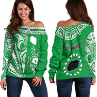 Rarotonga Cook Islands Off Shoulder Sweater Turtle and Map Style Green LT13 - Wonder Print Shop