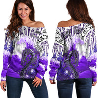 Custom Personalised Manaia Maori Off Shoulder Sweater Fern Aotearoa Purple Waves LT13 - Wonder Print Shop