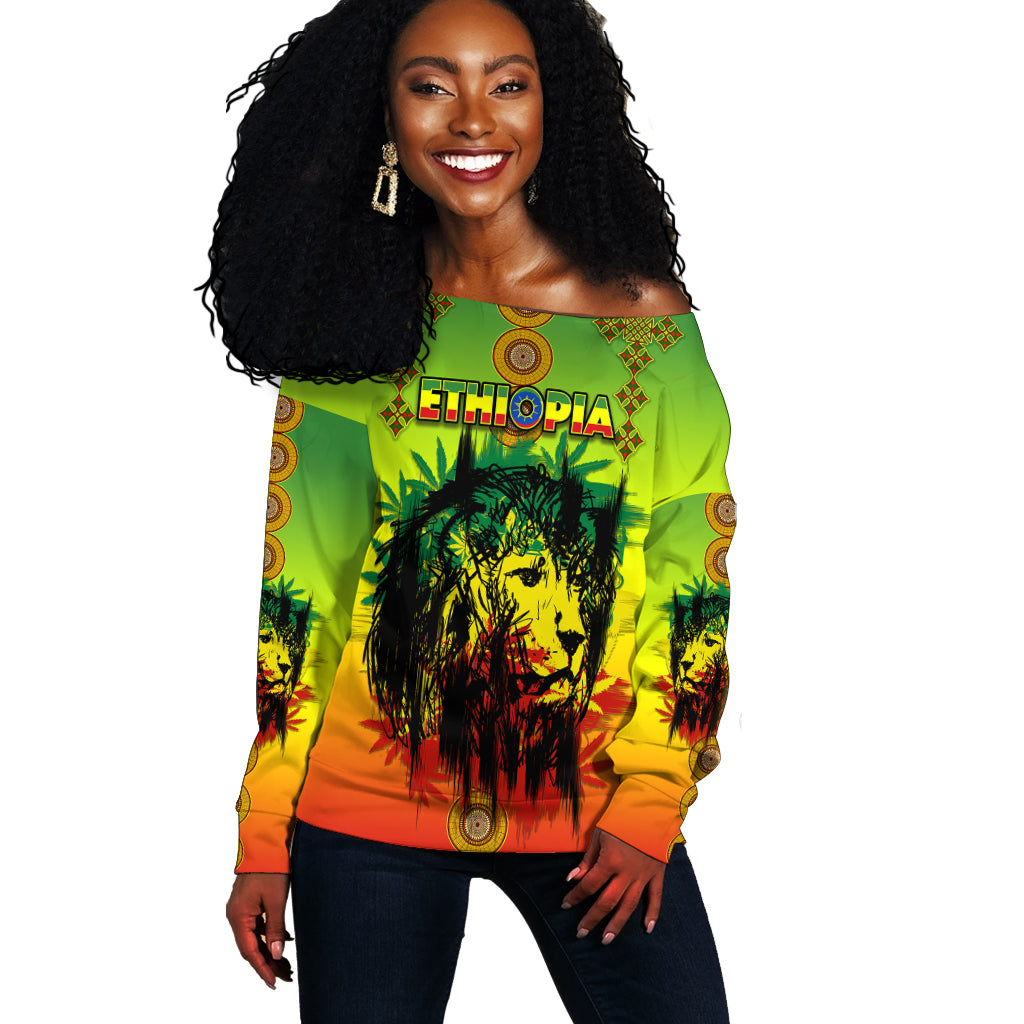 Ethiopia Off Shoulder Sweater Cross Mix Lion Colorful Style - Wonder Print Shop
