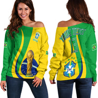 Off-shoulder Brazil soccer sweater in green and yellow with Brazil crest and trophy print