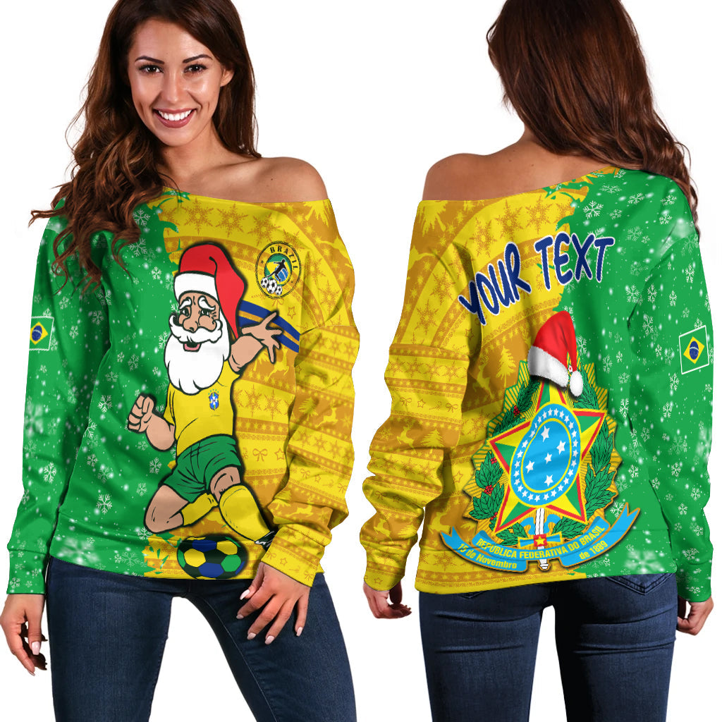 (Custom Personalised) Brazil Football Off Shoulder Sweater Christmas Santa Claus Selecao Champions LT13 - Wonder Print Shop