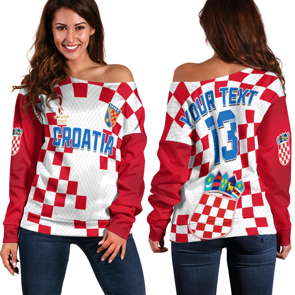 (Custom Text and Number) Croatia Football Off Shoulder Sweater Vatreni Hrvatska Champions 2022 World Cup LT13 - Wonder Print Shop