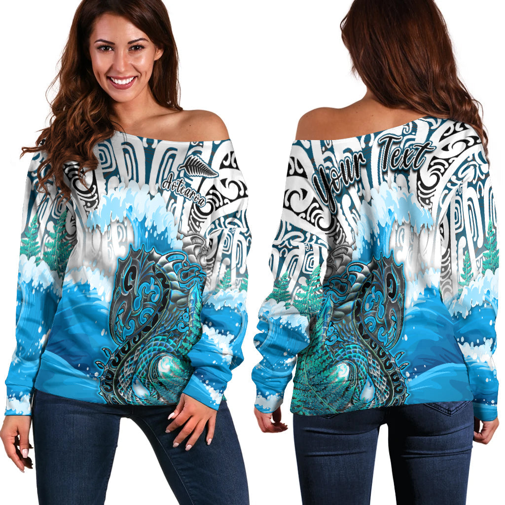 Custom Personalised Manaia Maori Off Shoulder Sweater Fern Aotearoa Blue Waves LT13 - Wonder Print Shop