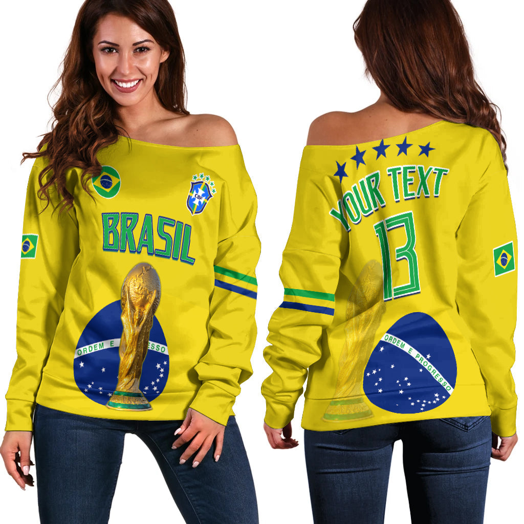 (Custom Text and Number) Brazil Football Off Shoulder Sweater Go Champions Selecao Campeao LT13 - Wonder Print Shop