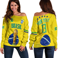 Yellow off-shoulder sweater, back print with YOUR TEXT and number 13, blue-green stripes.