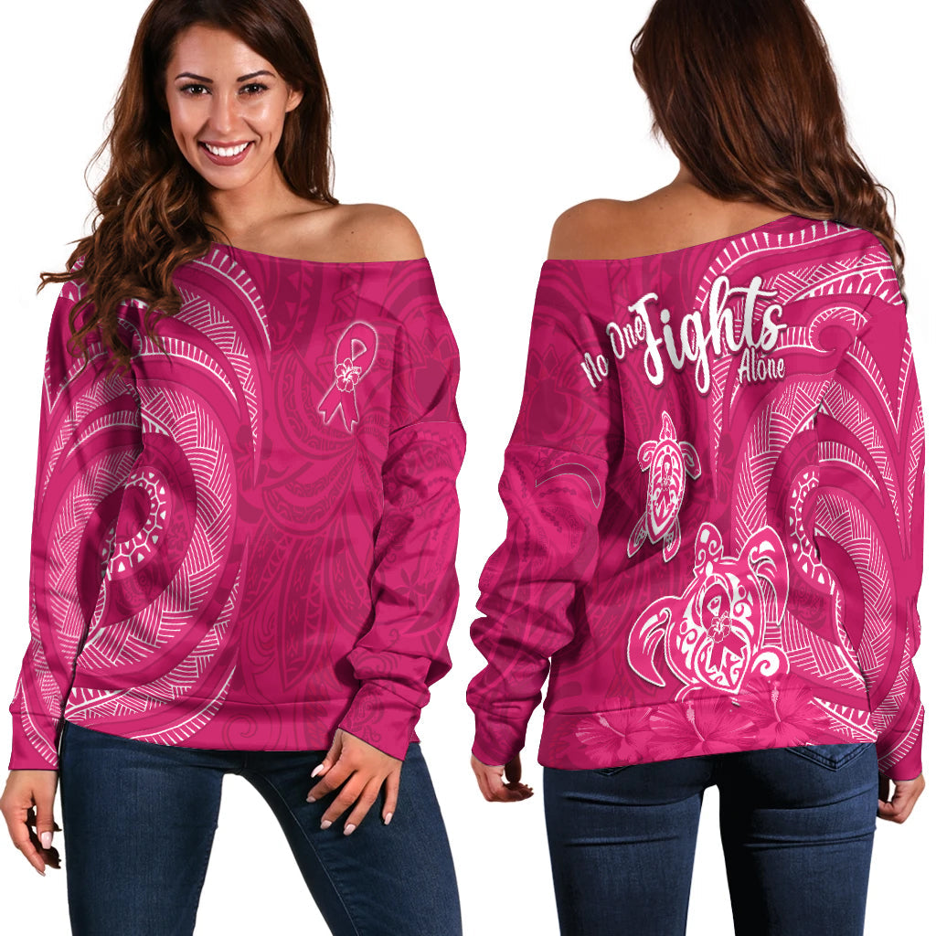 Breast Cancer Awareness Off Shoulder Sweater Hibiscus Polynesian No One Fights Alone LT13 - Wonder Print Shop