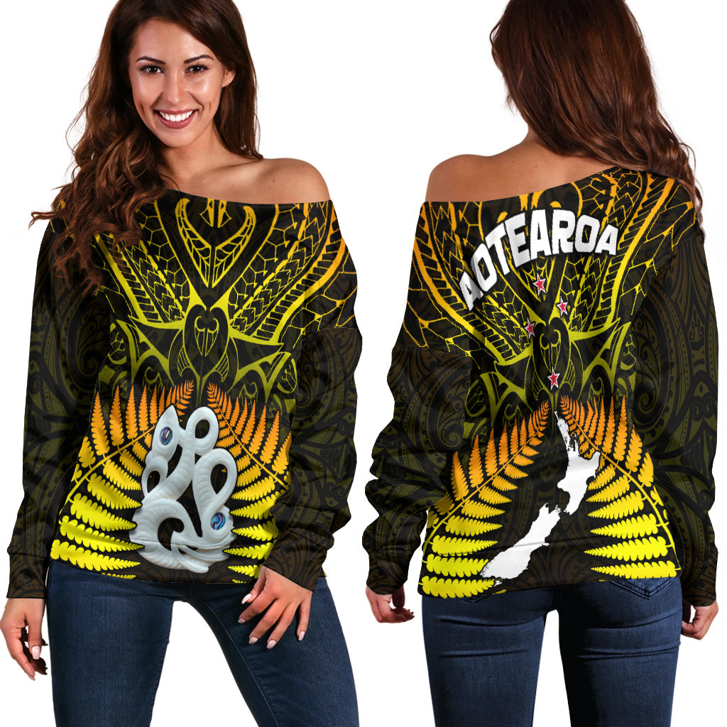 Aotearoa Fern Off Shoulder Sweater New Zealand Hei Tiki Gold Style LT13 - Wonder Print Shop