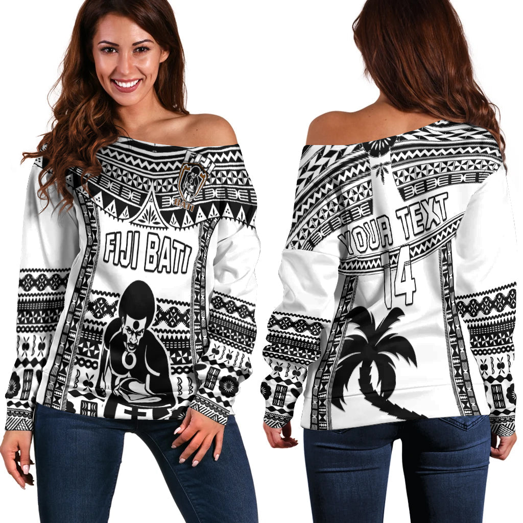 Custom Text And Number Fiji Rugby Off Shoulder Sweater Pacific The Bati Black Fijian Tapa - Wonder Print Shop