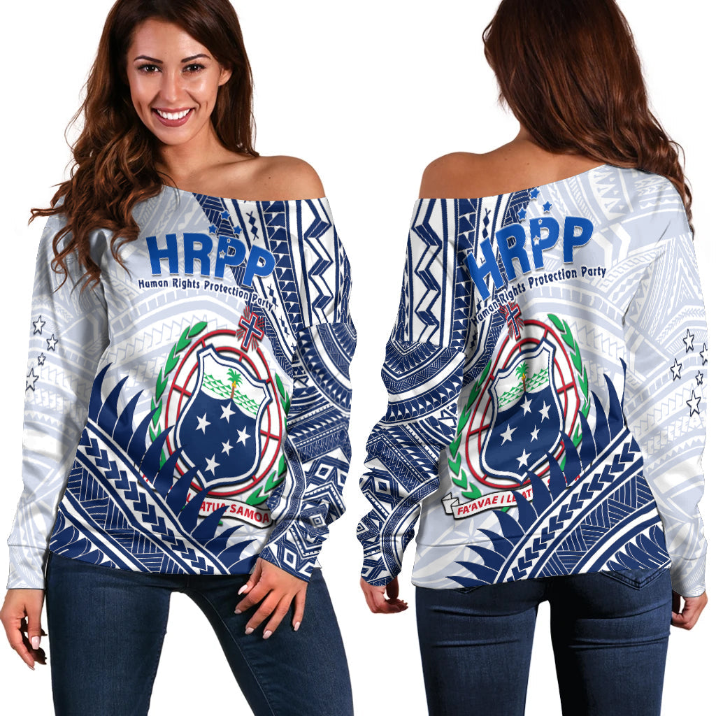 HRPP Samoa Off Shoulder Sweater Samoan Coat Of Arms Polynesian Pattern - Wonder Print Shop