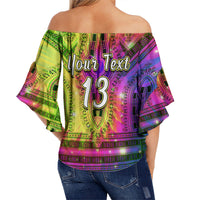 Multicolor dashiki off-shoulder top with 'Your Text 13' graphic, flared sleeves
