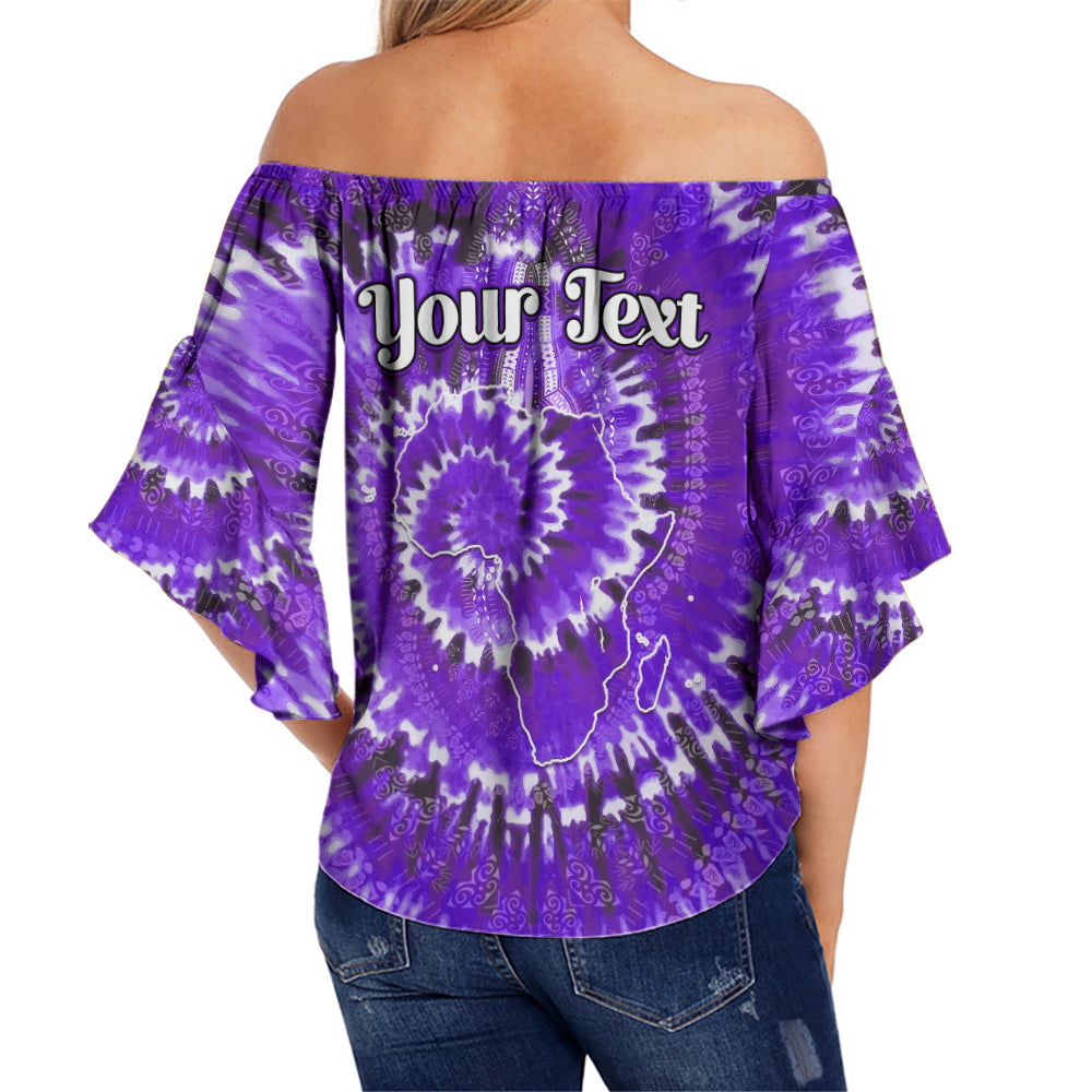 Purple off-shoulder tie-dye top with bell sleeves and 'Your Text' back print