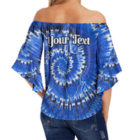 Blue off-shoulder tie-dye top with elastic neckline and bell sleeves, 'Your Text' print
