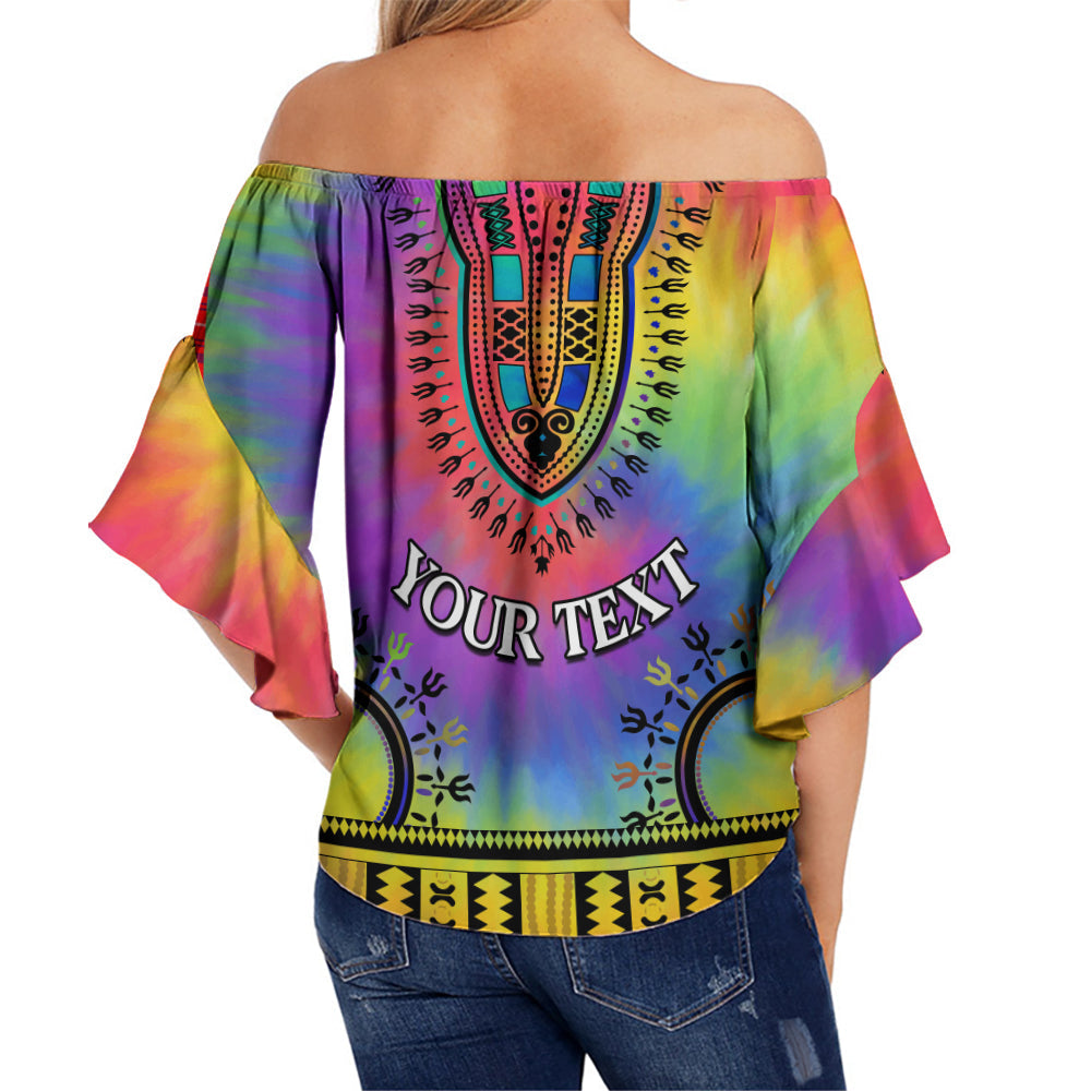 Back view: women’s off-shoulder dashiki tie-dye top, bell sleeves, multicolor