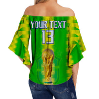 Green off-shoulder wrap top with short flared sleeves and custom text with number 13
