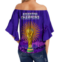 Women’s off-shoulder purple wrap top with flared sleeves and Argentina Champions trophy print
