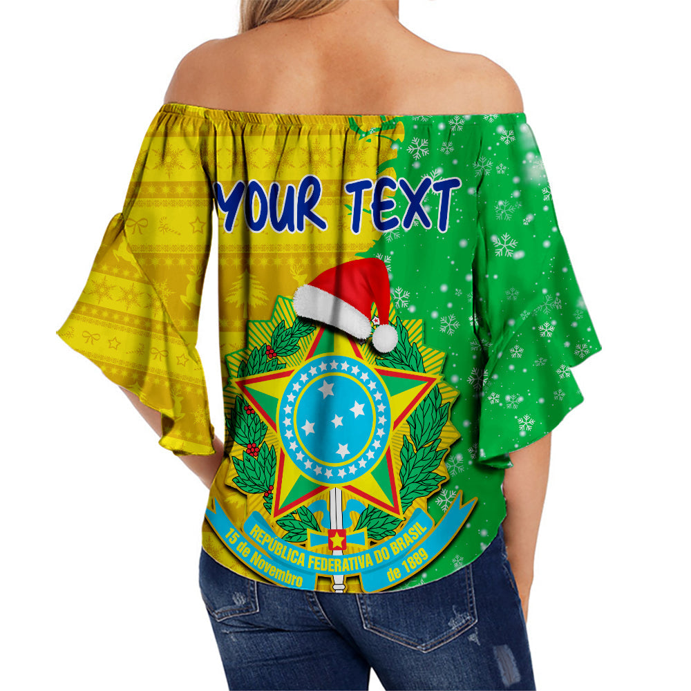 Women’s off-shoulder wrap top with 'YOUR TEXT' and Brazil crest under Christmas print