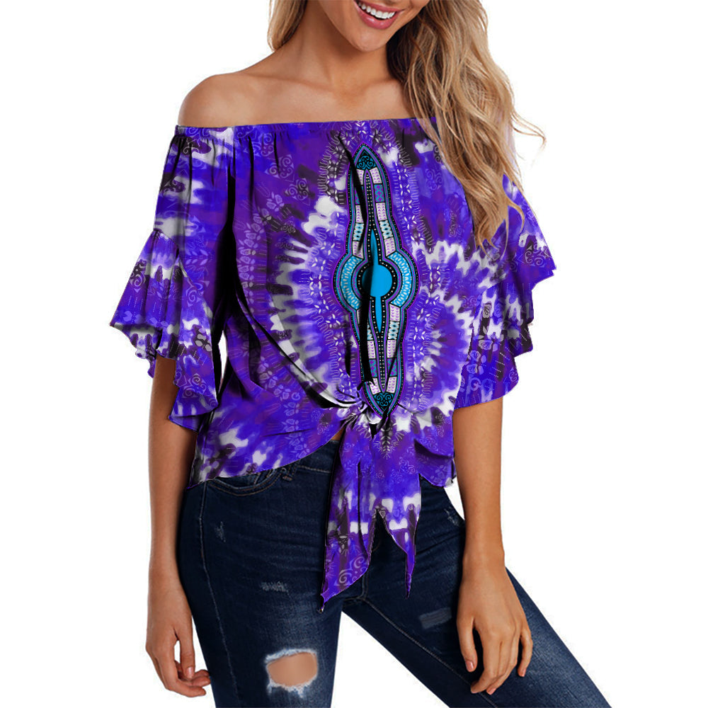 Purple off-shoulder tie-dye waist wrap top for women, bold front medallion print