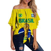 Yellow off-shoulder wrap top with ruffled sleeves and Brazil crest and BRASIL print